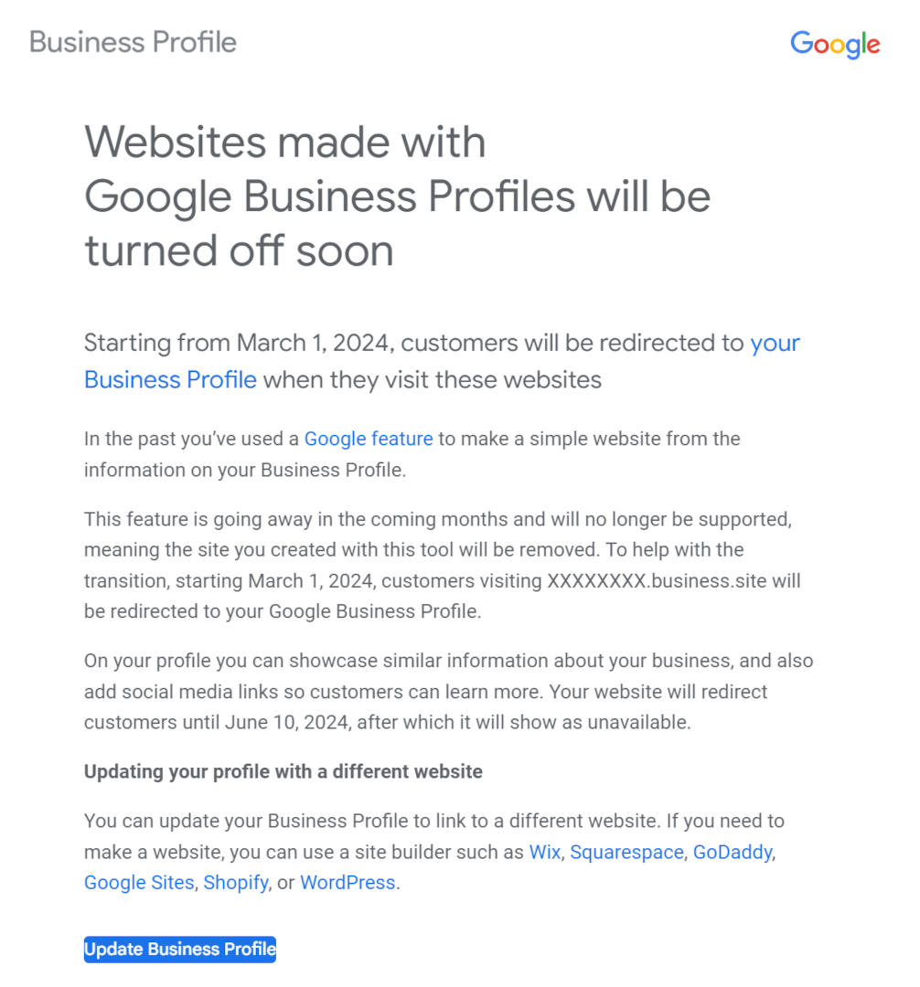 Google Notification - Business sites websites getting nuked in March 2024